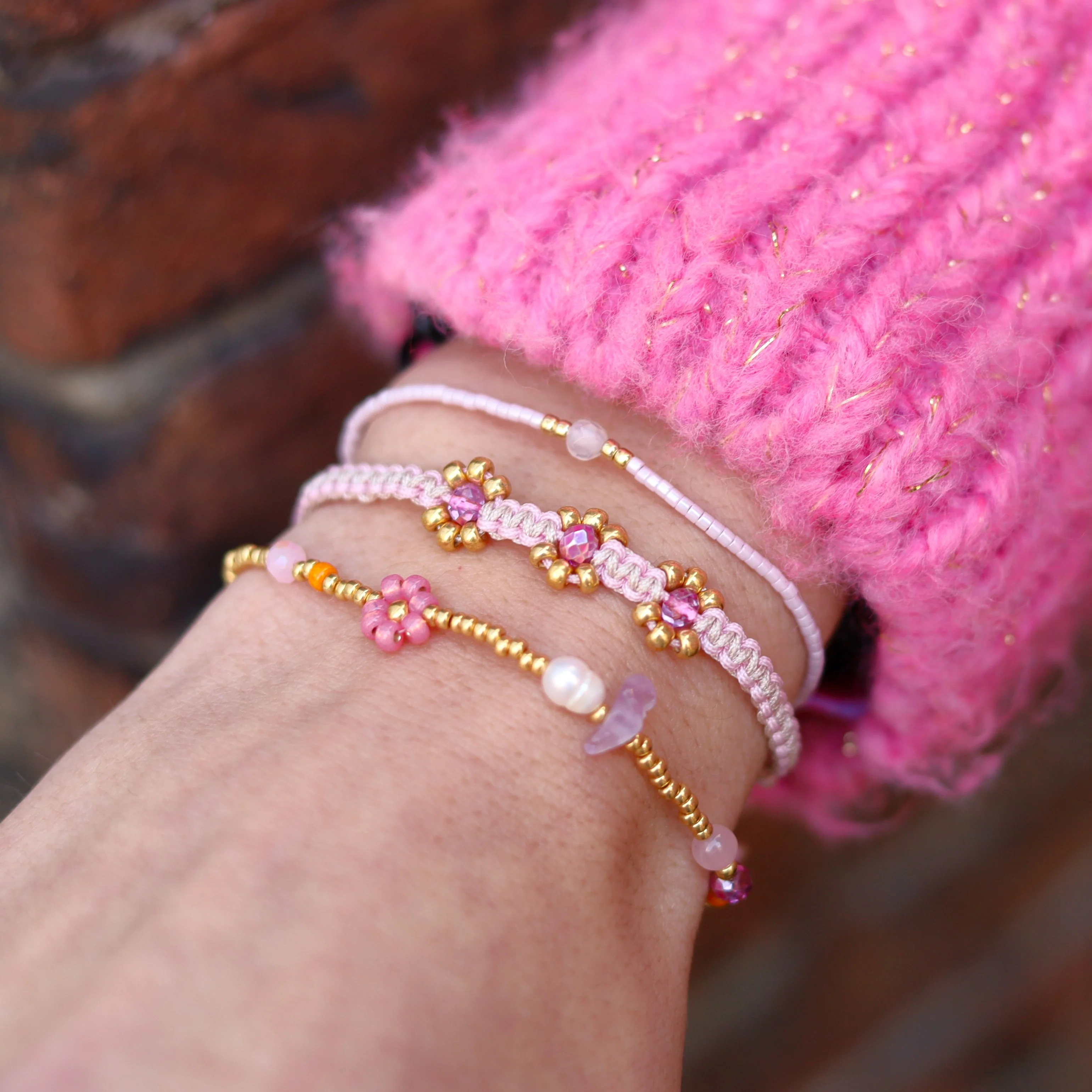 Miyuki armband goud met roze bloem - Image 2