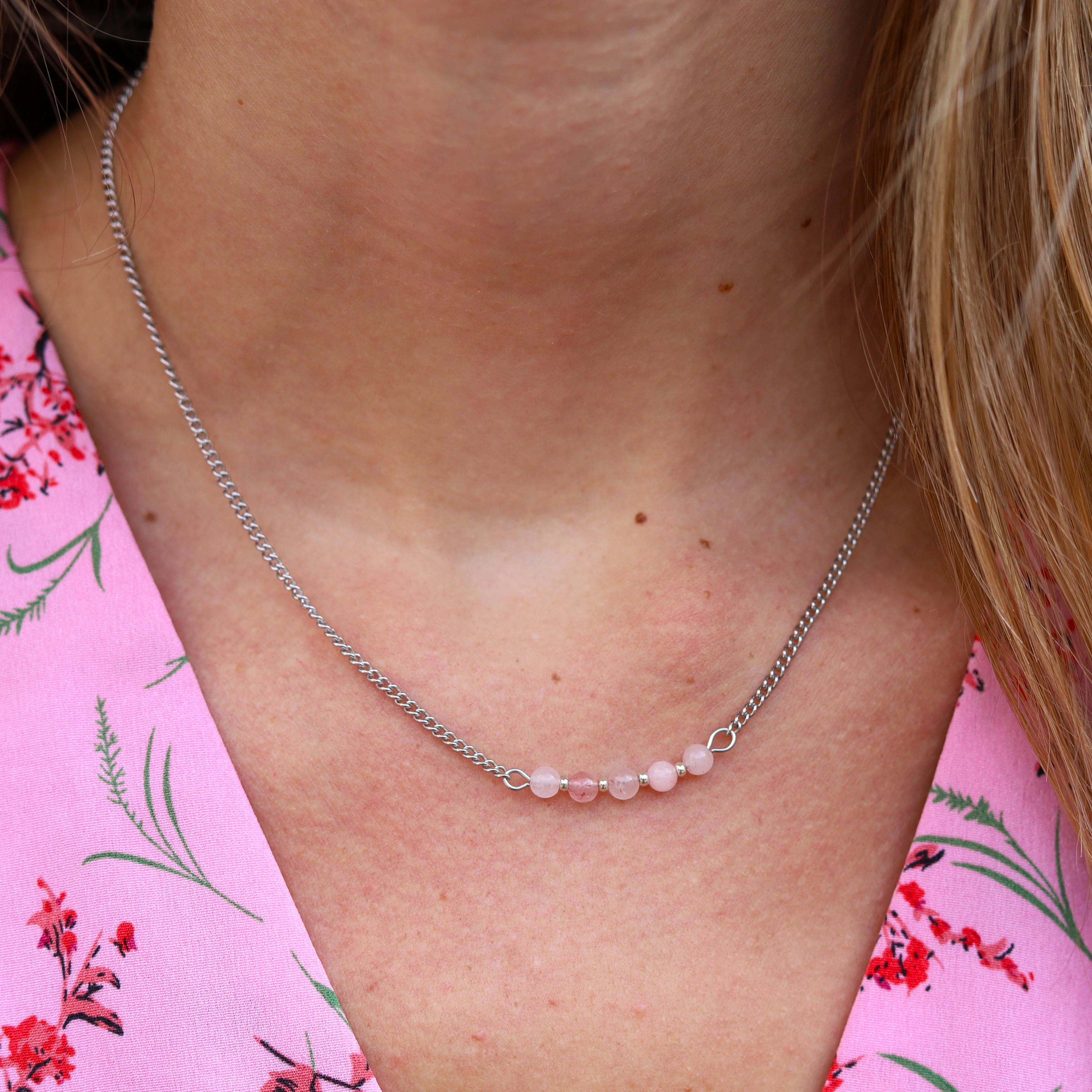 Stainless steel ketting zilver - rozenkwarts - Image 2